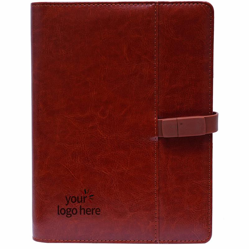 Pu Leather Notebook With Usb & Closing Flap With Card Holder And Pockets With Logo